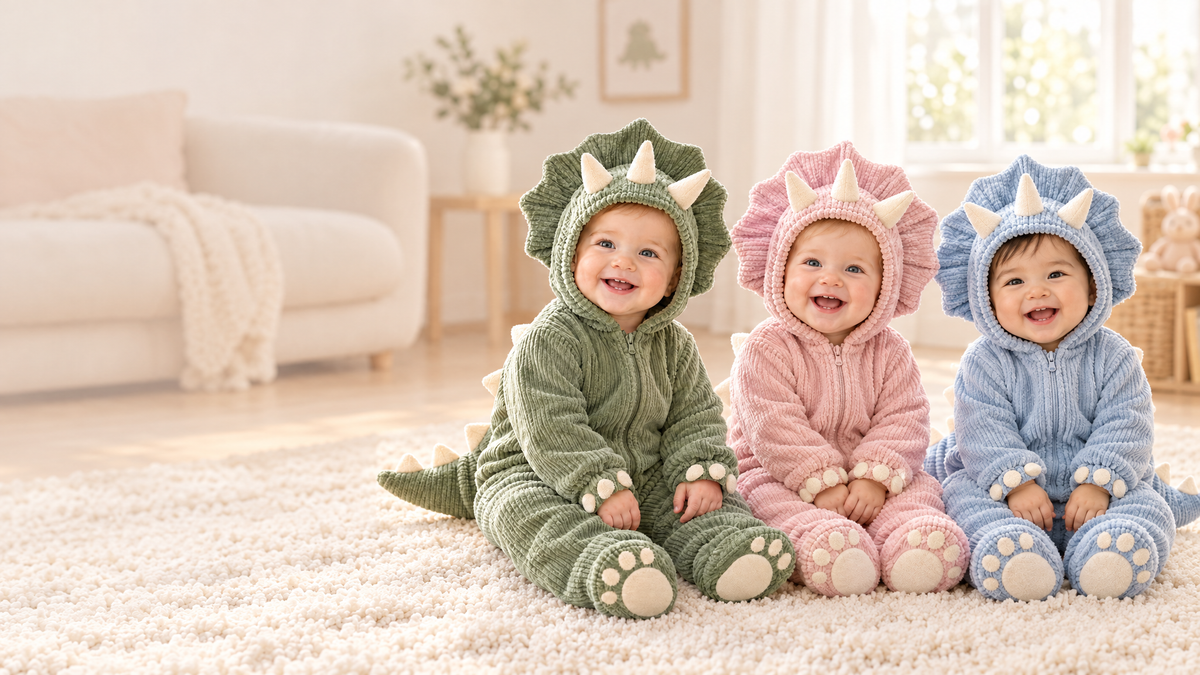 Yeşil, pembe ve mavi dinozor tulum giyen bebekler