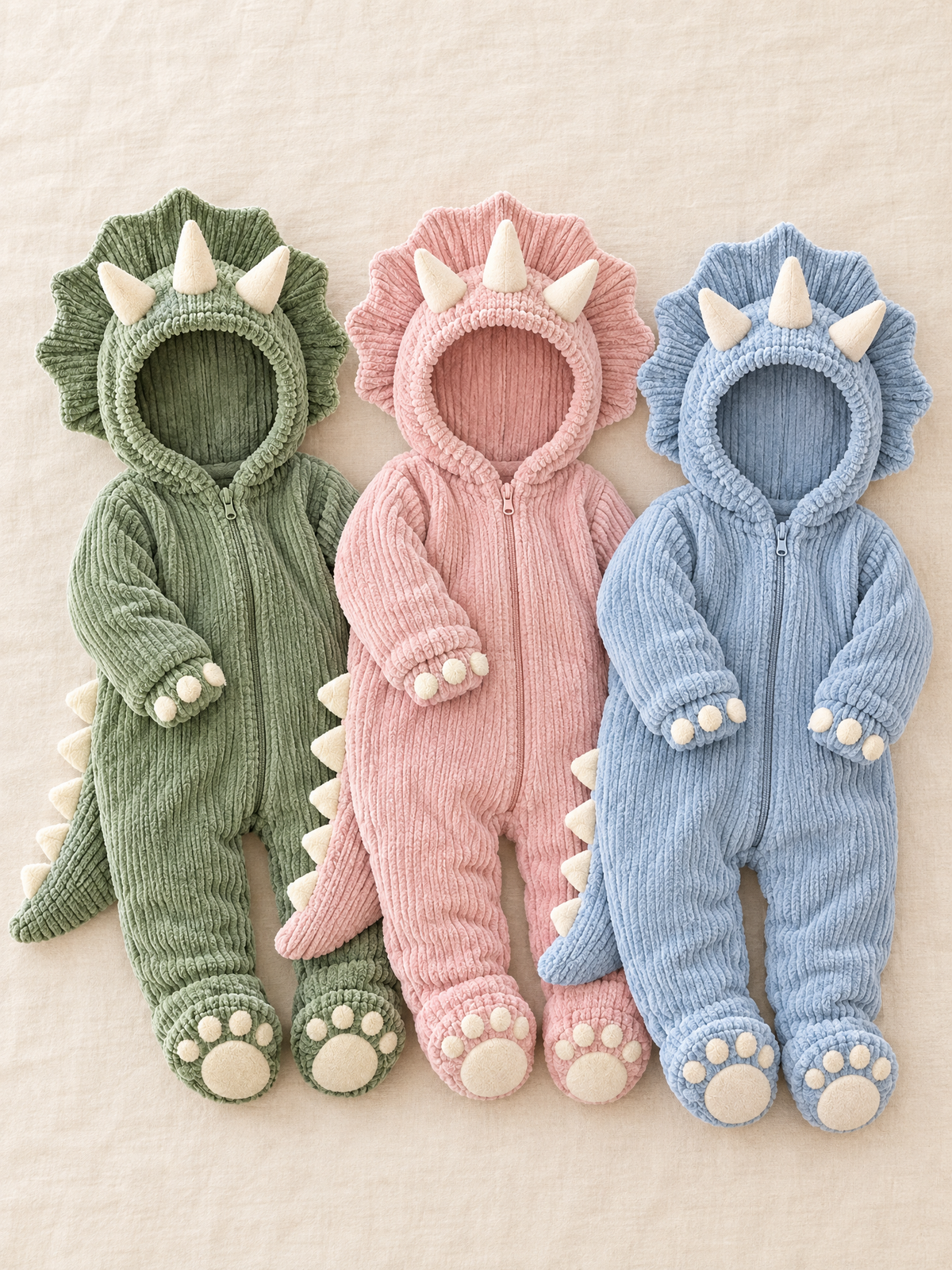Yeşil, pembe ve mavi peluş dinozor tulumlar yan yana
