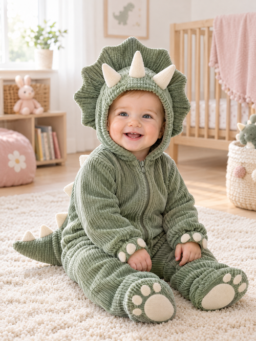 Yeşil peluş dinozor tulum giyen gülen bebek